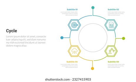 cycle or cycles stage infographics template diagram with honeycomb outline circular shape and 4 point step creative design for slide presentation