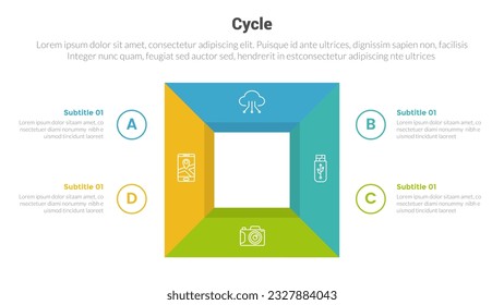 diagrama de plantillas de infografías de etapas de ciclo o ciclo con forma de cuadro cuadrado y diseño creativo de 4 pasos para presentación de diapositivas