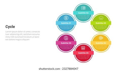 cycle or cycles stage infographics template diagram with circular circle round shape and 6 point step creative design for slide presentation