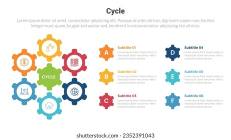 cycle or cycles stage infographics template diagram with gear connection movement and 6 point step creative design for slide presentation