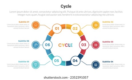 cycle or cycles stage infographics template diagram with big honeycomb shape on center and 6 point step creative design for slide presentation