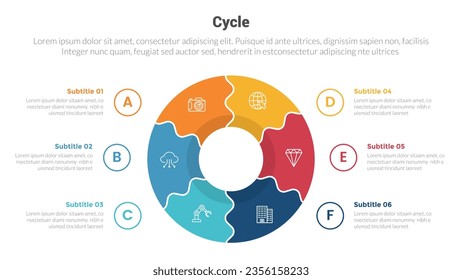 cycle or cycles stage infographics template diagram with big circle divided on center and 6 point step creative design for slide presentation