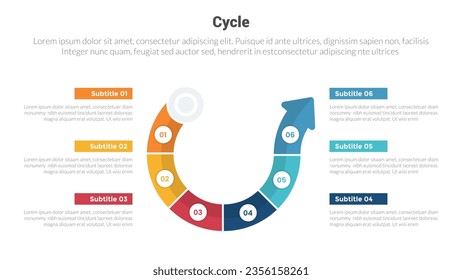 Stufenfografikdiagramm für Zyklen oder Zyklen mit großer Pfeil-Linien-Kurve Kurve und 6-Punkte-Stufenkreativdesign für die Präsentation der Folie