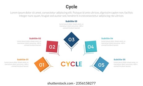 cycle or cycles stage infographics template diagram with rotated square half circle shape and 5 point step creative design for slide presentation