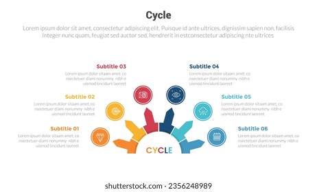 cycle or cycles stage infographics template diagram with half circle base and small circle pointed arrow and 6 point step creative design for slide presentation