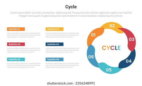 diagrama de plantillas de infografías de etapas de ciclo o ciclo con giro de círculo grande en el diseño derecho y diseño creativo de 6 pasos para presentación de diapositivas
