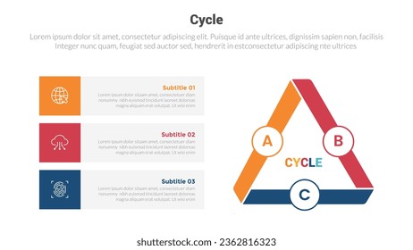 diagrama de plantillas de infografías de etapas de ciclo o ciclo con forma de triángulo con parche de stick de círculo y diseño creativo de 3 pasos para presentación de diapositivas