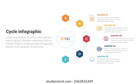 diagrama de plantillas de infografías de etapas de ciclo o ciclo con mitad de círculo en diseño creativo de 5 pasos a la derecha y 5 puntos para presentación de diapositivas