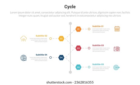 diagrama de plantillas de infografías de etapas de ciclo o ciclo con punto de círculo de línea de tiempo vertical y diseño creativo de 5 pasos para presentación de diapositivas