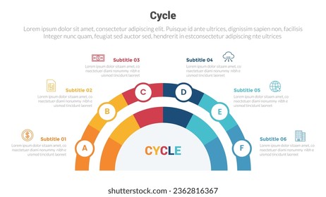 cycle or cycles stage infographics template diagram with half circle on center and 6 point step creative design for slide presentation