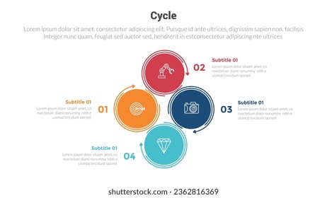 diagrama de plantillas de infografías de etapas de ciclo o ciclo con conexión creativa de círculo grande y diseño creativo de 4 pasos para presentación de diapositivas