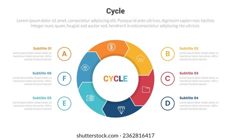 Stufenfografikdiagramm für Zyklen oder Zyklen mit großem Kreis auf mittlere Symmetrie und 6-Punkt-kreativem Design für die Präsentation der Folie