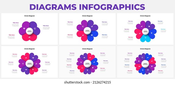 Cycle diagram with 3, 4, 5, 6, 7 anf 8 options or steps. Slides for business presentation. Abstract infographics.