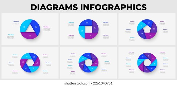 Cycle diagram with 3, 4, 5, 6, 7 anf 8 options or steps. Slides for business presentation. Abstract infographics.