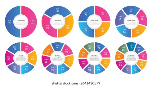 Cycle diagram with 3, 4, 5, 6, 7, 8 and 9 options or steps. Slides for business presentation. Abstract infographics