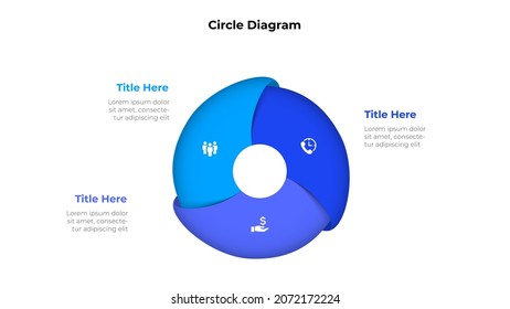 Zyklusdiagramm mit 3 Optionen oder Schritten. Folie für Geschäftsvorführungen. Circle abstraktes Element in drei Teile geteilt.