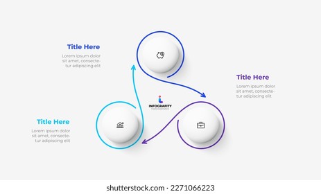 Diagrama de ciclo con 3 opciones o pasos. Plantilla de infografía. Tres círculos blancos con líneas delgadas.