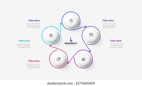Cycle diagram with 5 options or steps. Infographic template. Five white circles with thin lines