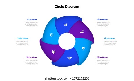 Cycle diagram with 6 options or steps. Slide for business presentation. Circle abstract element divided into six parts.
