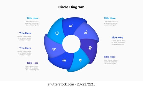 Cycle Diagram With 7 Options Or Steps. Slide For Business Presentation. Circle Abstract Element Divided Into Seven Parts.