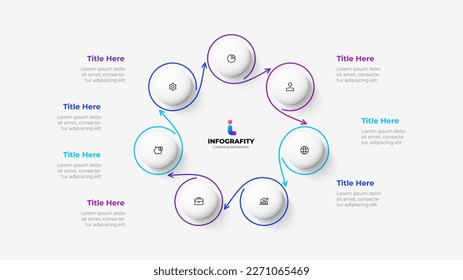 Cycle diagram with 7 options or steps. Infographic template. Seven white circles with thin lines