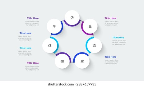 Cycle diagram with 7 options or steps. Slide for business presentation. Circle abstract element divided into seven parts