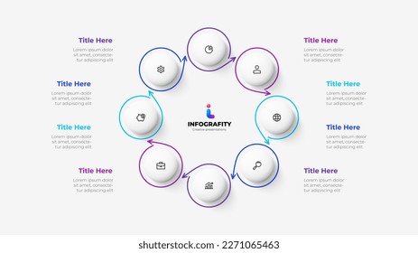 Cycle diagram with 8 options or steps. Infographic template. Eight white circles with thin lines