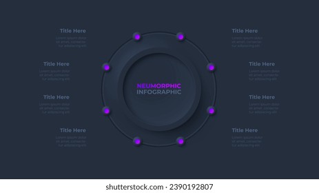 Diagrama de ciclo con 8 opciones o pasos. Plantilla de neumorfismo infográfico oscuro