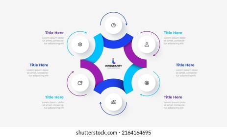 Cycle diagram divided into 6 segments. Concept of six options of business project infographic. Vector illustration for data analysis visualization.