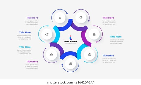 Diagrama de ciclo dividido en 7 segmentos. Concepto de siete opciones de infografía de proyectos empresariales. Ilustración vectorial para la visualización del análisis de datos.