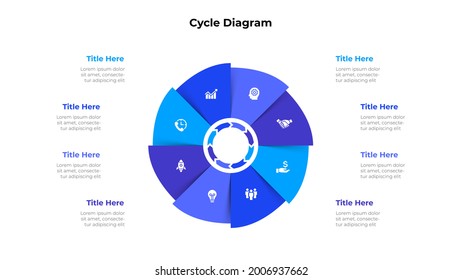Cycle diagram with eight options or steps. Slide for business presentation. Circle abstract element divided into 8 parts.