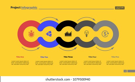 Cycle diagram with five elements. Circular infographics, process chart, layout. Creative concept for presentation, project, report. Can be used for topics like business, strategy, startup.