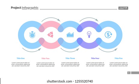 Cycle diagram with five elements. Circular infographics, process chart, layout. Creative concept for presentation, project, report. Can be used for topics like business, strategy, startup.