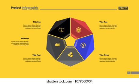 Cycle diagram with five options. Option chart, segments, slide template. Creative concept for infographics, presentation, project, report. Can be used for topics like business, startup, investment