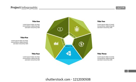 Cycle diagram with five options. Option chart, segments, slide template. Creative concept for infographics, presentation, project, report. Can be used for topics like business, startup, investment