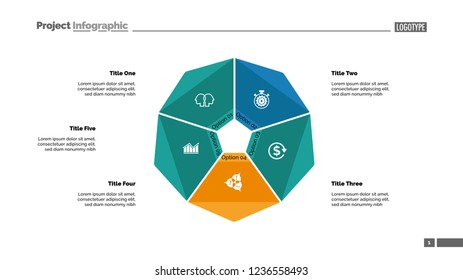Cycle diagram with five options. Option chart, segments, slide template. Creative concept for infographics, presentation, project, report. Can be used for topics like business, startup, investment
