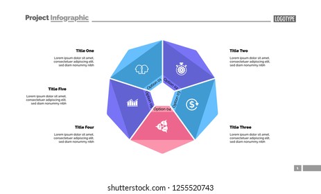 Cycle diagram with five options. Option chart, segments, slide template. Creative concept for infographics, presentation, project, report. Can be used for topics like business, startup, investment
