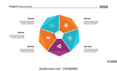 Cycle diagram with five options. Option chart, segments, slide template. Creative concept for infographics, presentation, project, report. Can be used for topics like business, startup, investment