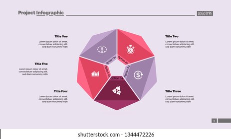 Cycle diagram with five options. Option chart, segments, slide template. Creative concept for infographics, presentation, project, report. Can be used for topics like business, startup, investment
