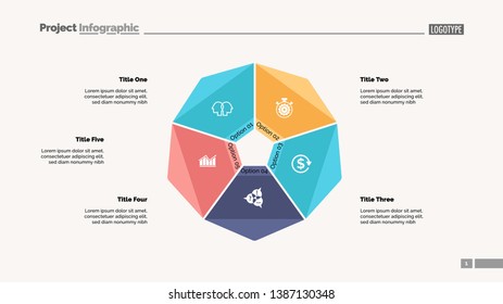 Cycle diagram with five options. Option chart, segments, slide template. Creative concept for infographics, presentation, project, report. Can be used for topics like business, startup, investment