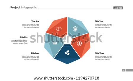 Cycle diagram with five options. Option chart, segments, slide template. Creative concept for infographics, presentation, project, report. Can be used for topics like business, startup, investment