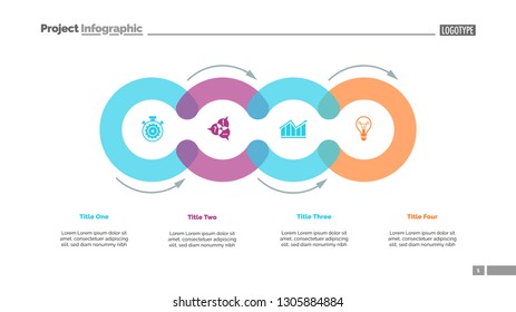 Cycle diagram with four elements. Circular infographics, process chart, layout. Creative concept for presentation, project, report. Can be used for topics like business, strategy, startup.