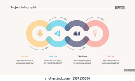 Cycle diagram with four elements. Circular infographics, process chart, layout. Creative concept for presentation, project, report. Can be used for topics like business, strategy, startup.