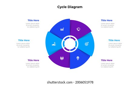Cycle diagram with six options or steps. Slide for business presentation. Circle abstract element divided into 6 parts.