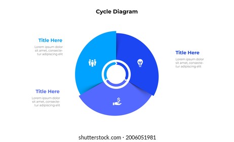 Cycle diagram with three options or steps. Slide for business presentation. Circle abstract element divided into 3 parts.