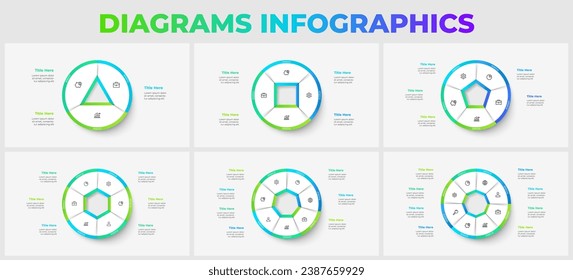 Cycle diagrams with 3, 4, 5, 6, 7 and 8 options or steps. Slides for business presentation. Circle abstract elements