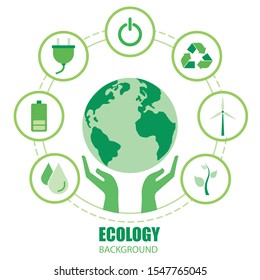 Cycle ecology green nature with element isolated on background. Conservation and the environment. The hand held the globe. Vector illustration in flat design.