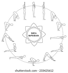 Cycle exercise in yoga sun salutation. Silhouette outline. Vector illustration