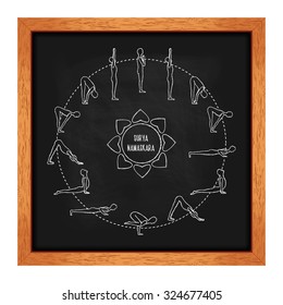 Cycle exercise in yoga. Sun salutation on the chalkboard. Silhouette outline. Texture of chalk. Vector illustration