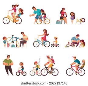 Cycle family icons set with sport and recreation symbols flat isolated vector illustration